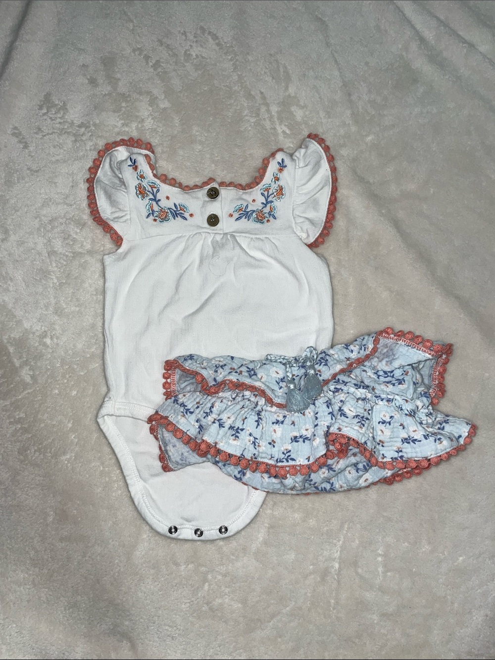 Rachel Zoe White Bodysuit and Blue Floral Skirt with Coral Trim